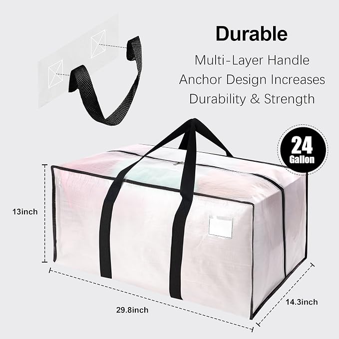 VELVETSURE 6 Pack Heavy Duty Large Moving Bags W/Backpack Straps - Strong Handles & Zippers, Storage Totes For Space Saving, Fold Flat, Alternative to Moving Box and Storage Bin, Semi-Transparent - Image 2