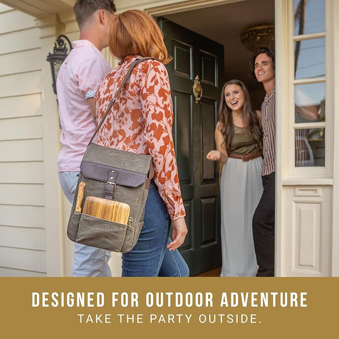 PICNIC TIME 2 Bottle Insulated Wine Bag with Cheese Board and Knife Set - Wine Picnic Bag - Distressed Waxed Canvas Wine Tote, (Khaki Green with Brown Accents) - Image 4
