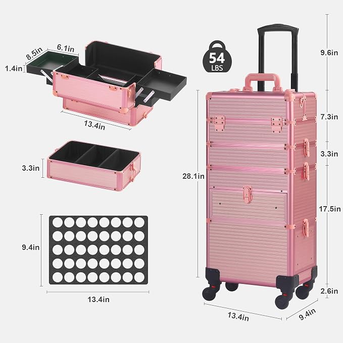 Somduy Rolling Makeup Case with Drawer, Makeup Train Case, 4 in 1Cosmetology Case on Wheels, Christmas Gift, Large Makeup Case Organizers, Profesional Cosmetic Case for Salon Barber, Light pink - Image 7