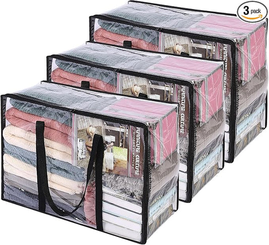 Vieshful 3 Pack Clear Clothes Storage Bag, 40L Plastic Blanket Storage Bag with Zipper, Foldable Closet Organizer, Moving bags for Comforter, Blanket, Bedding, Duvet, Toys by Vieshful