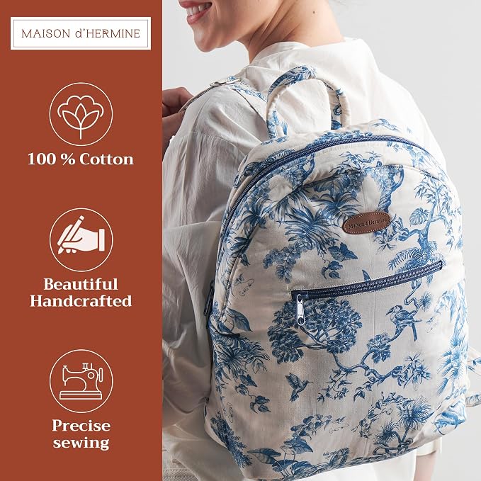 Maison d' Hermine Backpack for Women Men Cotton Shoulder Multipurpose Rucksack with Small Pouch Lightweight Multi Pocket Bag for Travel Work Beach Perfect for Spring Summer (Bonobo - Blue) - Image 2