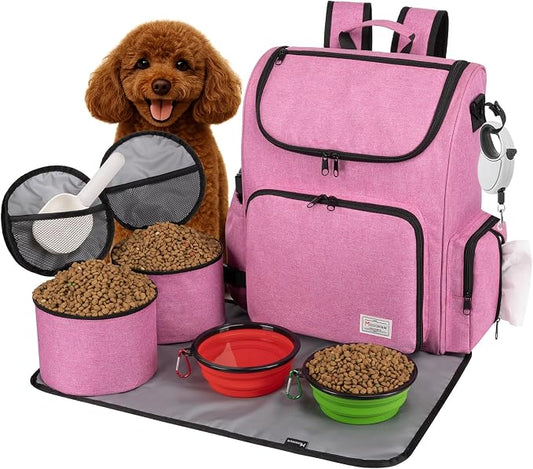 Modoker Multi-Compartment Dog Travel Backpack for Pet Supplies, Pink | Dog Travel Accessories Organizer with 2 Food Bags, 2 Bowls, Quick-Access Pockets, Tissue Opening, Luggage Sleeve, Feeding Mat by Modoker