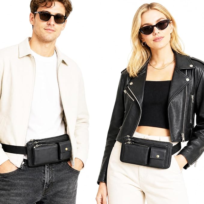 Water Resistant Canvas + Leather Hiking Riding Travel Fanny Waist Pack Small Phone Pouch For Men Women FB811-29 (100% Leather-Thick Black) - Image 2