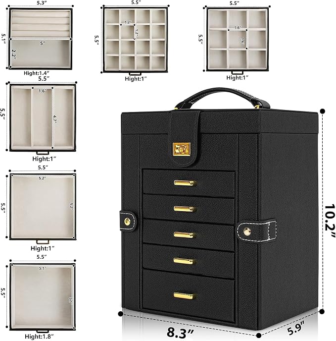 AKOZLIN 6-Tier Jewelry Box Organizer Functional 5 Drawers Leather Jewelry Storage Case for Women Girls Ring Necklace Earring Bracelet Holder Organizer with Mirror Black Regular - Image 7