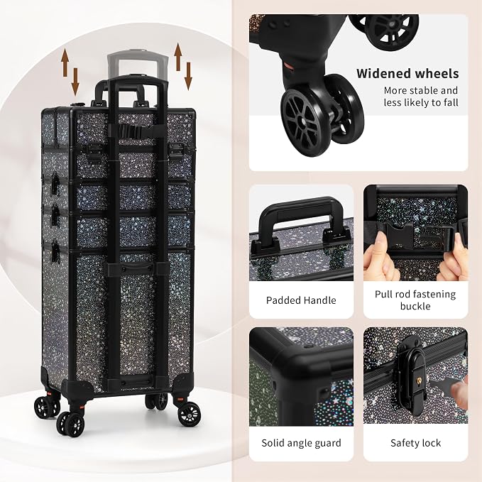 AROUS Rolling Makeup Train Case 5 in 1 Cosmetology Case on Wheels Large Cosmetic Organizer Travel Cart for Hairstylist Artist Nail Beauty Salon Barber,Black - Image 5