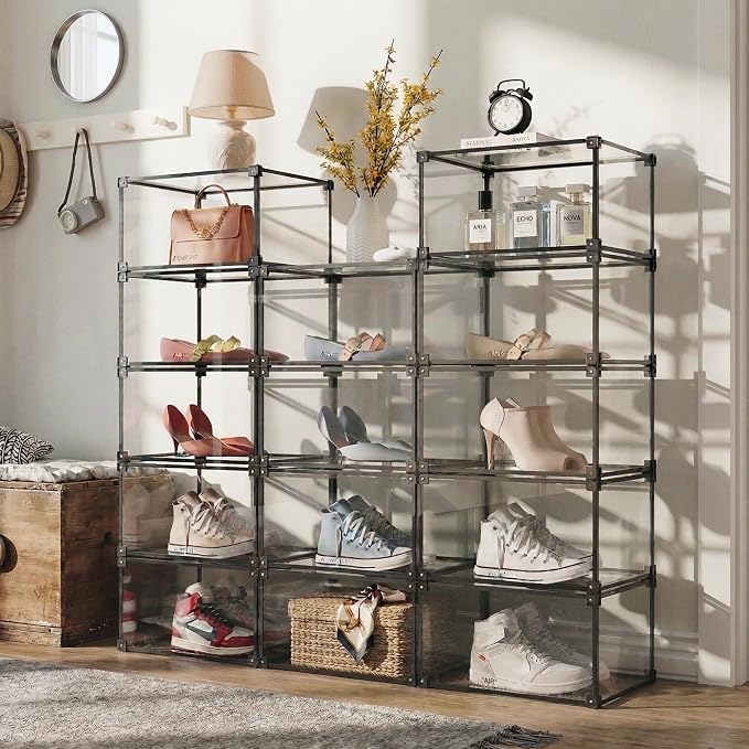 Transparent Plastic Storage Clear Shoe Display Case Box Organizer - Magnetic Side Open, 16PC (Black) - Image 4