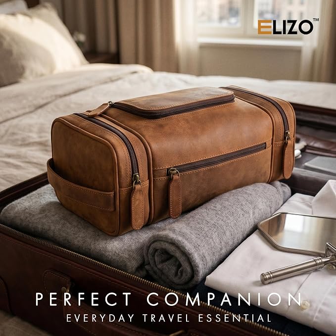 ELIZO Real Leather Toiletry Bag for Men - Extra Large Hanging Travel Organizer for Toiletries, Ideal for Dopp Kit & Shaving Kit for Men, Essential Mens Travel Toiletry Bag for Toiletries (Saddle) - Image 5