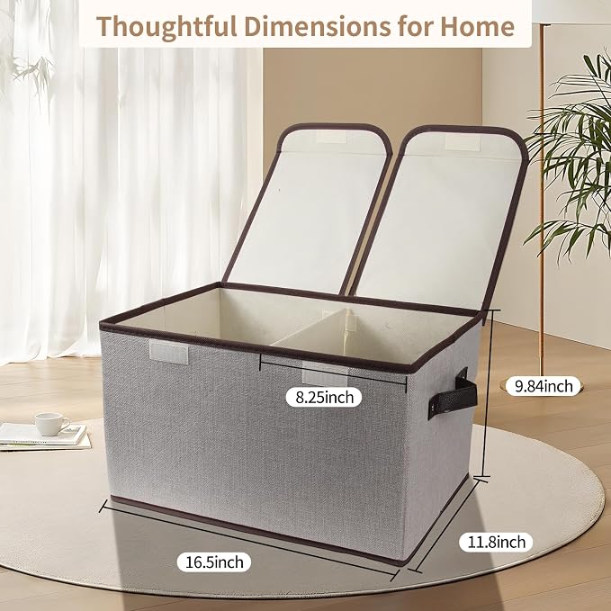 Foldable Fabric Storage Box, 16.5 x 11.8 x 9.8 inches (L x W x H), with Double-Lid & Dividers, Large Organizer for Home, Closet, Office(Grey) - Image 2