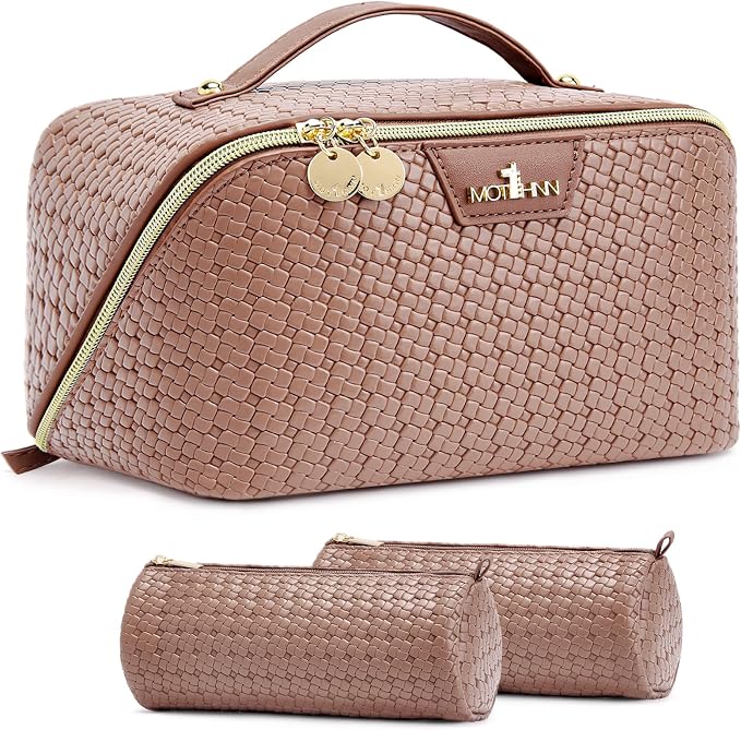 Travel Makeup Bag for Women: Designer 3 Pcs Set Cosmetic Bags for Women - Large Capacity Vagen Leather Hand-made for Toiletry Organizer - Ladies Travel Flat Open Essentials for Luxury (10Brown) by Unknown