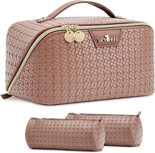 Travel Makeup Bag for Women: Designer 3 Pcs Set Cosmetic Bags for Women - Large Capacity Vagen Leather Hand-made for Toiletry Organizer - Ladies Travel Flat Open Essentials for Luxury (10Brown) by Unknown