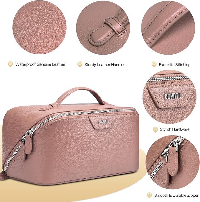 BOYATU Genuine Leather Makeup Bag: 3 Pcs Set Luxury Birthday Gifts for Women - Large Capacity Toiletry Organizer for Elegance - Travel Essentials Gift for Teacher Mothers Girlfriend Wife(05Pink) - Image 8