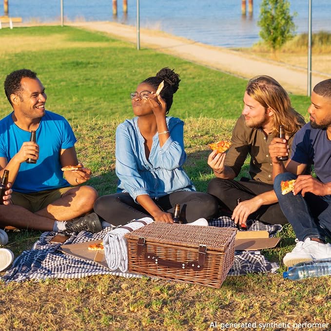 Picnic Baskets Wicker Willow Picnic Set for 4 Persons with Insulated Cooler Bag and White Floral Waterproof Picnic Blanket Gift for Christmas Thanksgiving Wedding Birthday Camp Outdoor Beach Travel - Image 9