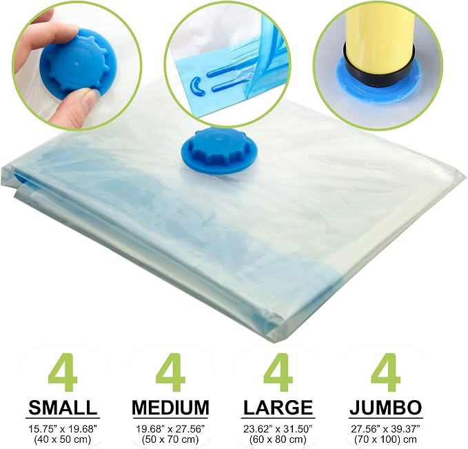16 Pack Vacuum Storage Bags Space Saver Set with Hand Pump, 4 Jumbo 4 Large 4 Medium 4 Small Vacuum Seal Bags for Clothes Comforters Blankets Bedding Travel, Reduces Original Volume 80% - Image 2