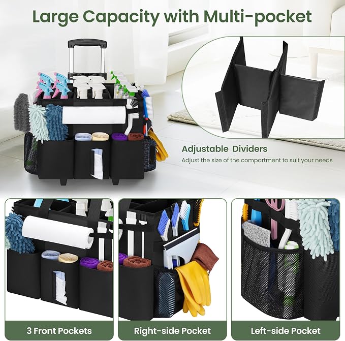 Large Rolling Cleaning Caddy with Detachable Trolley, Cleaning Supply Organizer Bag with Wheels & Multi-Pockets, Water-Resistant Cleaning Cart on Wheels for Housekeeping, Cleaner - Image 2
