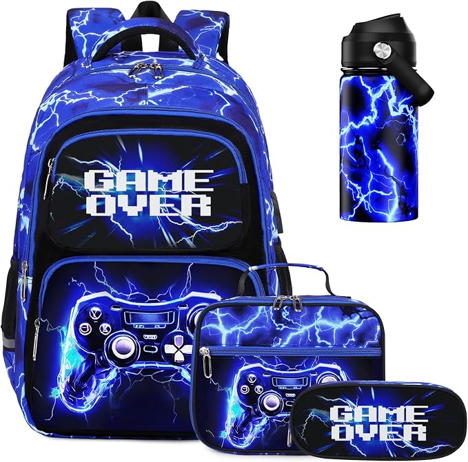 Bevalsa Kids Backpack for Boys with 14oz Insulated Bottle, Gamer Backpack School Bags for Kids & BPA-FREE Stainless Steel Metal Bottle with Straw Lid for Elementary Middle School Student (Lightning) by Bevalsa