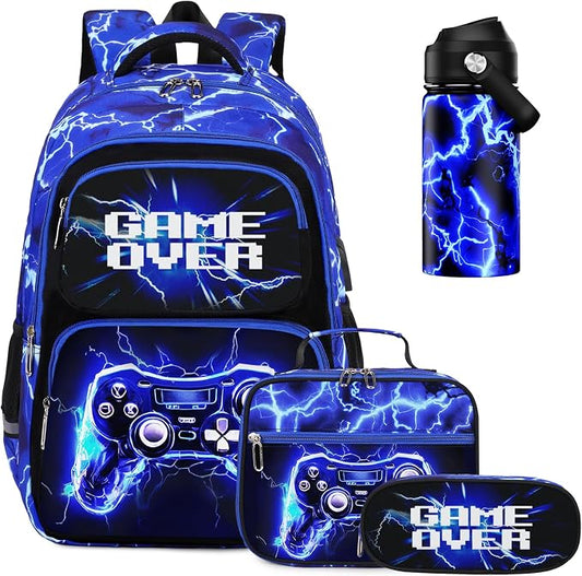 Bevalsa Kids Backpack for Boys with 14oz Insulated Bottle, Gamer Backpack School Bags for Kids & BPA-FREE Stainless Steel Metal Bottle with Straw Lid for Elementary Middle School Student (Lightning) by Bevalsa