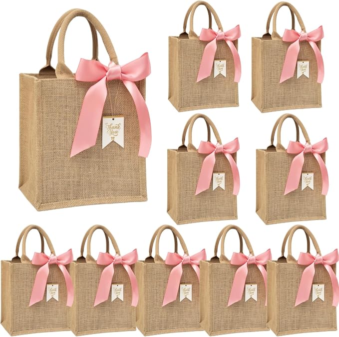 10 Pack Bridesmaid Bachelorette Gift Bags，Bulk Small Burlap Jute Tote for Wedding Welcome Bridal Shower with Pink Ribbon by JollyFayre