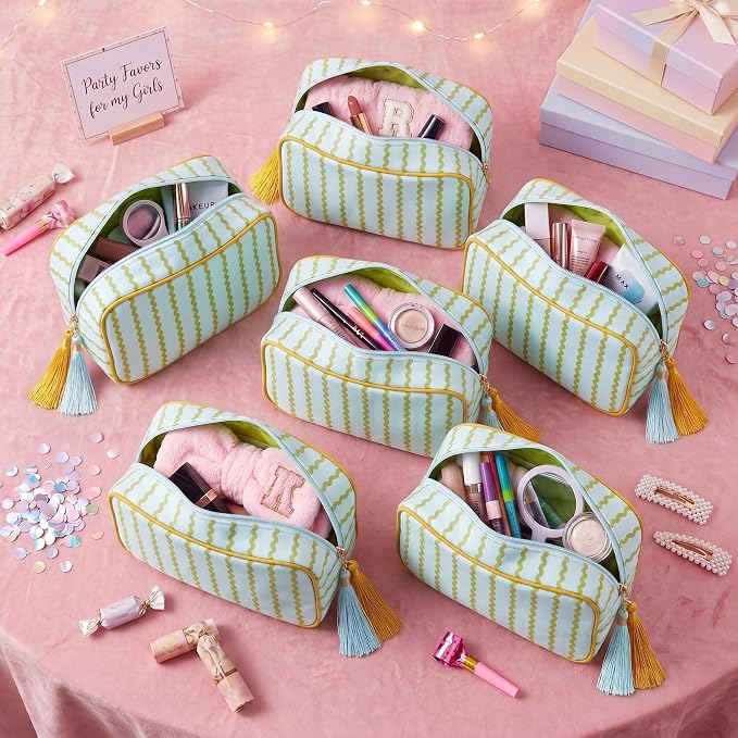 Kacctyen 6 Pack Mustard Yellow and Sage Green Striped Makeup Bag bulk with Tassel Travel Cosmetic Pouch Organizer Large Zipper Toiletry Case for Women Aesthetic Storage Pouch Mahjong Tile Bag - Image 4