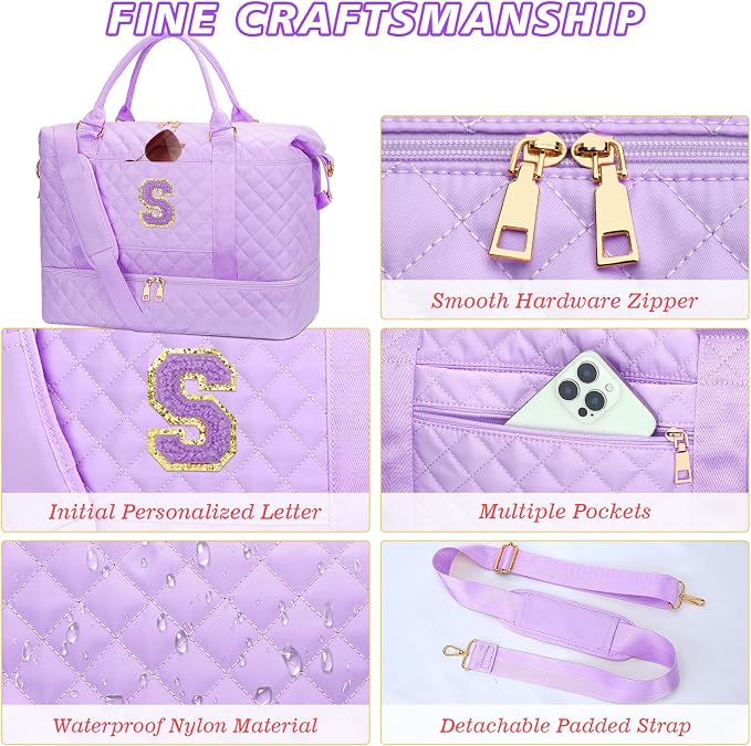 Teenager Girl Initial Travel Duffle Bag Quilted Weekender Bags Carry-On Overnight with Cosmetic Bag, Gym Bag with Shoe Compartment Hospital Bag for Women Labor Delivery, Purple-S - Image 6