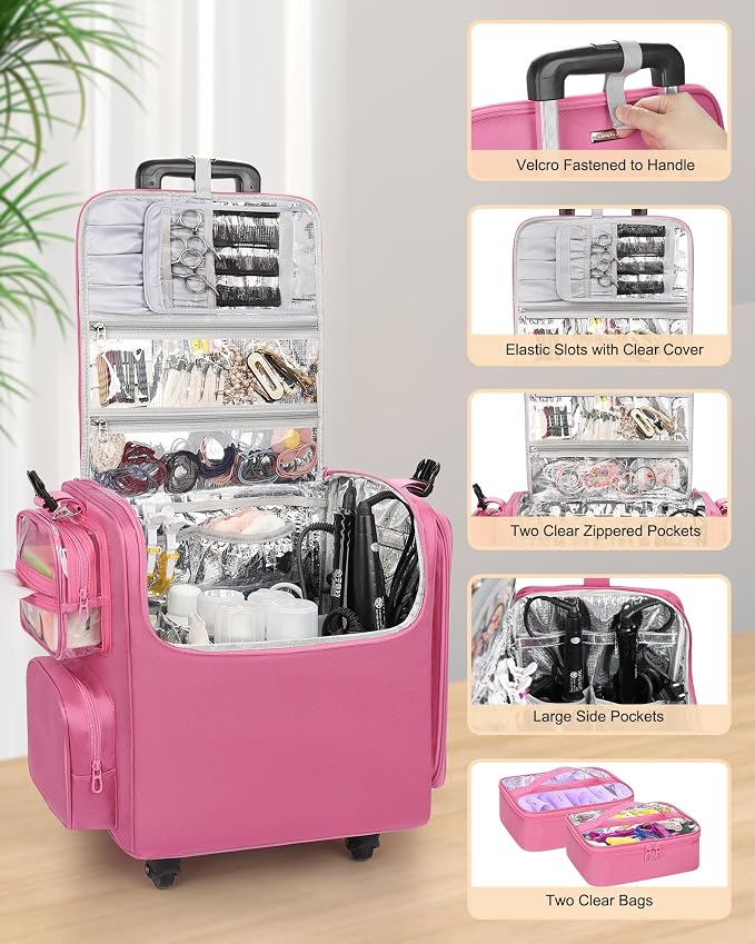 Relavel Rolling Makeup Train Case, Hairstylist Traveling Bag with 4 Wheels, Heat Insulation Full Layer, Adjustable Dividers, Hair Tools and Cosmetics Storage Organizer Trolley Suitcase, Rose Pink - Image 4