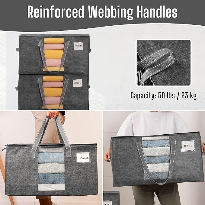 VENO 4 Pack Heavy Duty Moving Bags, Clothes and Comforter Storage Bags with Clear Window, College Dorm Essentials Packing Supplies, Foldable Boxes Alternative (Gray, 4 Pack) - Image 5