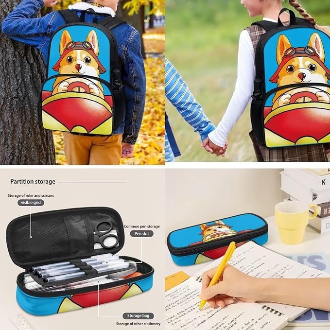 POLERO Corgi Pilot Backpack for Boys 4-6 Kids Toddler School Bookbag Set with Lunch Box Pencil Case Water Bottle Cover Bag Casual Daypack 4Pcs for First Grade - Image 5