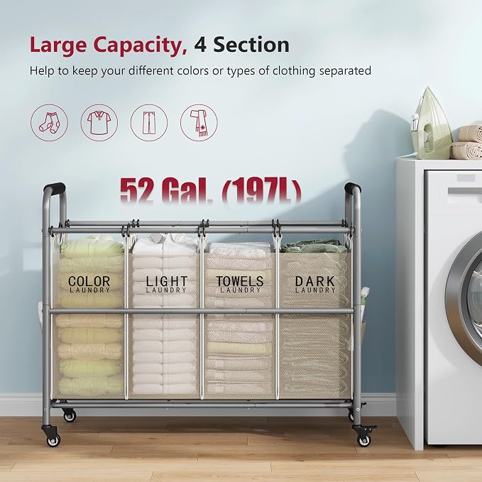 Tajsoon 4 Bag Laundry Sorter Cart, Laundry Sorter 4 Sections, Beige | Laundry Hamper Sorter with Heavy Duty Lockable Wheels, Laundry Separator with Removable Bags, Bedroom, Laundry Room, Bathroom - Image 3