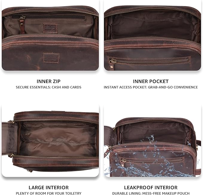 LEATHER VILLAGE Genuine Leather Toiletry Travel Bag With Waterproof Lining - Mulberry Brown | King-Size Handcrafted Vintage Dopp Kit Bag, Shaving & Bathroom Organizer, Gift for Men & Women - Image 4