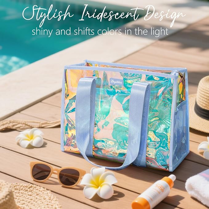 Bagstellar Iridescent Beach Bag, Jelly Tote Bag with Phone Pouch Makeup Bag | Large Beach Bags Waterproof Sandproof, Zipper Beach Tote Clear Pool Swim Boat Bag for Women Summer Travel Cruise Essentials - Image 4