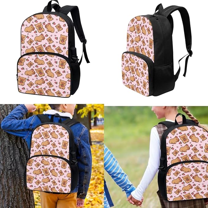 Capybara Print Kids Backpack Set, Lightweight School Backpack for Kids Elementary Bookbag for Students with Adjustable Strap, 3pcs with Lunch Box And Pencil Case - Image 2
