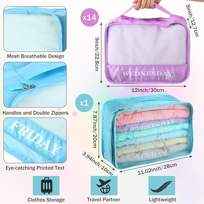 Days of Week Packing Cubes Summer Camp Essentials Weekly Organizer Storage Bag School Clothes for Travel Kids Family(12x9x5inch,Macaron,15) - Image 3