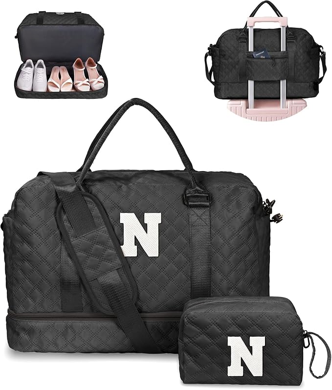 Gifts for Mom-Duffle Bag with Shoe Compartment, Personalized Weekender Bag, Monogram Overnight Bag, Letter Travel Bag with Makeup Bag，Sister Friend Gifts (Letter N) by Vogewood