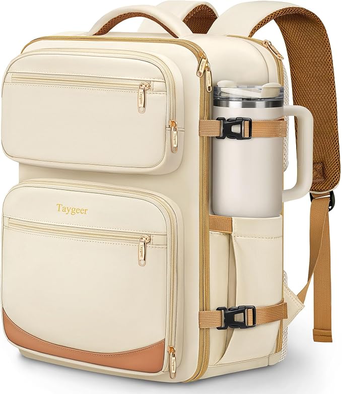 Taygeer Frontier Airlines Personal Item Bag, 18x14x8 inches Travel Bag | TSA Approved Underseat Backpack 40L for Women Weekender Fits Allegiant & JetBlue, Carry on Backpack with Shoe Pouch, Beige by Taygeer