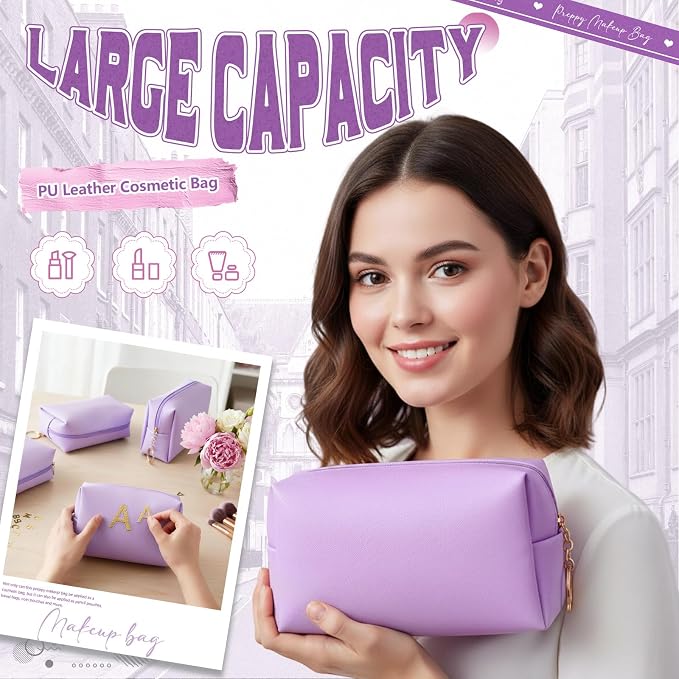 Chunful 24 Pcs Preppy Makeup Bag PU Leather Cosmetic Bag Bulk Makeup Plain Pouch Waterproof Toiletry Purse for Women Traveling Preppy Pencil Case Valentine's Day Gifts(Light Purple) - Image 5