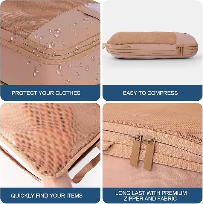 Compression Packing Cubes for Travel - Double Zipper Luggage Organizer Bags for Suitcases (6-Pack, Mocha) - Image 6