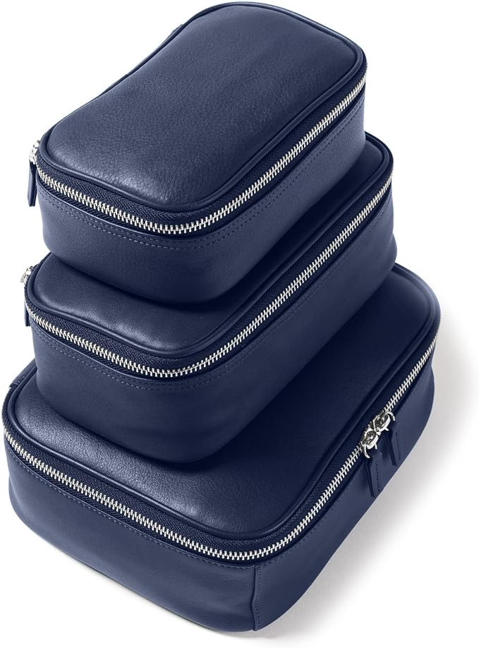 Leatherology Navy Blue Nested Travel Organizer Trio – 3-Piece Leather Packing Set with Mesh Pocket, Elastic Loops & Water-Resistant Lining – Compact Storage for Tech, Toiletries & Travel Essentials by Leatherology