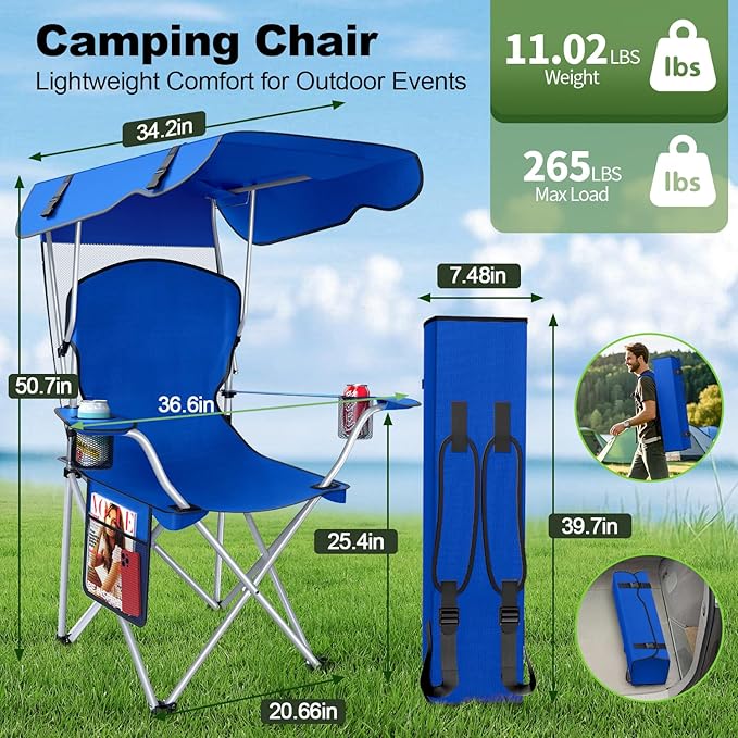 VTOY Portable Camping Chair with Canopy - Folding Chair with Canopy, Durable 600D Oxford Canopy Chair for Camping, Beach, Picnics, Fishing & Sports - Image 2