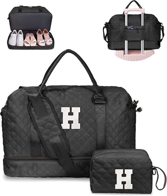 Gifts Personalized Initial Duffle Bag for Teen-Girls - Weekender Overnight Travel Bag with Shoe and Makeup Compartments, Birthday Graduate Gift (Letter H) by Vogewood