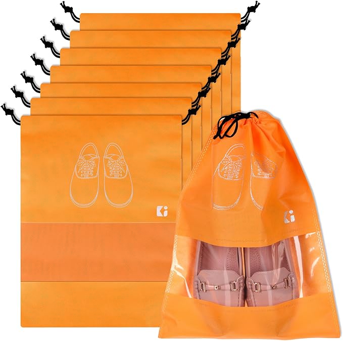 Kuber Industries Pack of 8 Shoe Bags | Shoe Bags for Travel | Non-Woven Shoe Storage Bags | Storage Organizers Set | Shoe Cover with Transparent Window | Shoe Dori Cover | Orange by Kuber+Industries