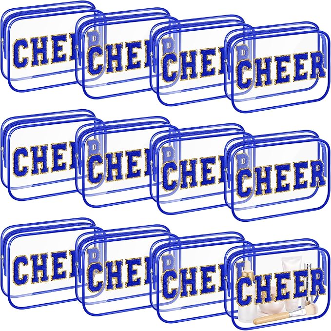 Kacctyen 12 Pack Cheer Clear Makeup Bags Bulk with Chenille Cheer Letter Patch Small Waterproof Cosmetic Pouch Zipper Travel Toiletry Bag Organizer for Women Girls Cheerleading Team Gift, Blue by Kacctyen