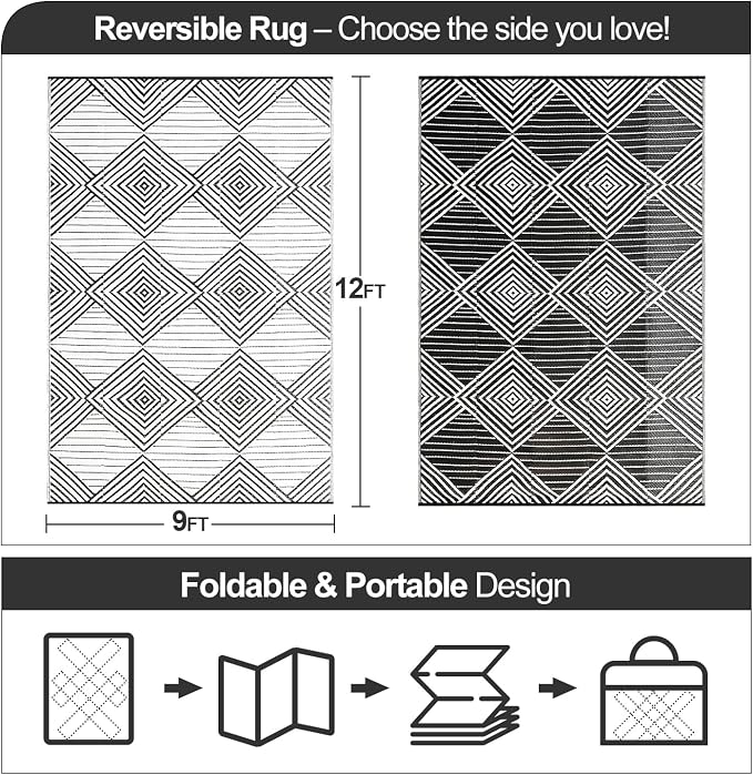 Waterproof Outdoor Rug 9x12ft, Foldable Reversible Plastic Straw Mat for Patio RV Deck Porch Backyard Balcony Camping Picnic Beach Indoor Outdoor Carpet, Black&White - Image 2