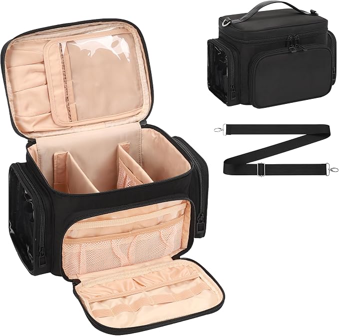 Bagmoly Makeup Bag, Portable Large Travel Makeup Bag Organizer for Women Girls with Makeup Brush Compartment, Cosmetic Travel Bag Vertical Storage Toiletry Bag - Black with Shoulder Strap - Image 8