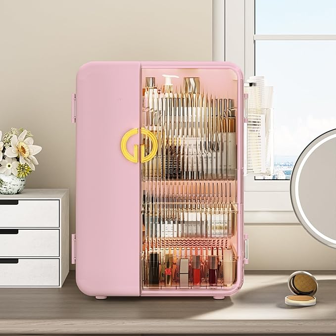 UAK Makeup Organizer with Drawers for Vanity, Cosmetic Display Case with Brush Holders, Storage for Skincare Countertop Bathroom (Pink) - Image 2