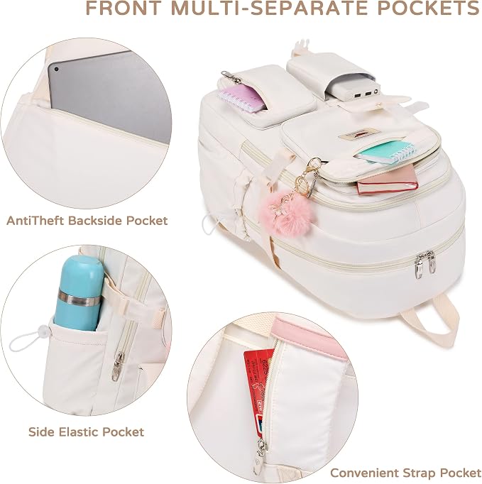 Laptop Backpack 15.6 Inch Elementary Middle High School Bag College Backpacks with Lunch Box Pencil Pouch 3 PCS Set Travel Bookbags for Teens Girls Women Students (Off-white) - Image 3