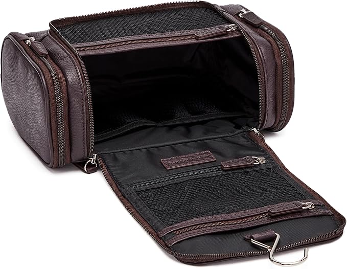 Leatherology Premium Espresso Small Hanging Toiletry Kit – Compact Leather Travel Organizer with Interior Zip Pockets, Mesh Pouches & Hanger | Full-Grain Leather Toiletry Bag for Men & Women - Image 3