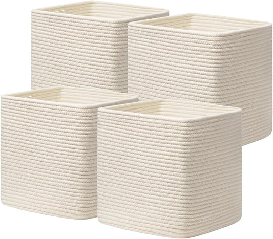joybest 11inch Cube Storage Bins Set of 4, Cotton Rope Woven Organizer Basket for Shelves, Cube Bin Square Shelves Organizer Closet Storage, Nursery, Toy Organization, Beige by joybest