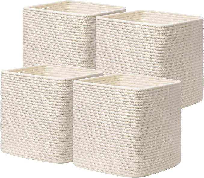 joybest 13x13x13 Inch Cube Storage Bins Set of 4, Cotton Rope Woven Organizer Basket for Shelves, Cube Bin Square Shelves Organizer Closet Storage, Nursery, Toy Organization, Beige by joybest