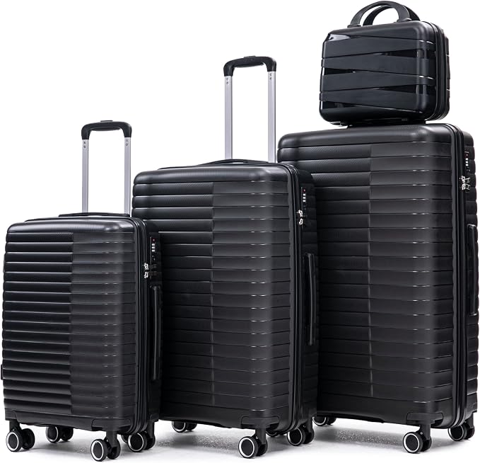 Merax Luggage Sets 4 Piece with Cosmetic Case Lock, Hardside Carry On Suitcase with Zippers Lightweight Rolling Travel Luggage Sets with Spinner Wheels,Black1 by Merax