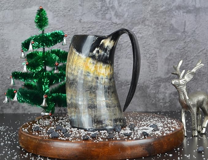 OLDEMPEROR Viking Drinking Horn Mug -16 Oz - Chirstmas Gifts for Men, Women, Dad, Husband - Unique Handmade for Hot & Cold - Food Grade Medieval Style Ale Beer & Mead Cup