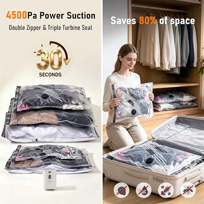 15 Pack Vacuum Storage Bags With Wireless Rechargeable Pump, Waterproof & Dustproof Vacuum Bags, Travel-friendly Size fits 20/24/28 Inch Suitcase, Seasonal Storage Space Saver for Clothes,Blankets - Image 2